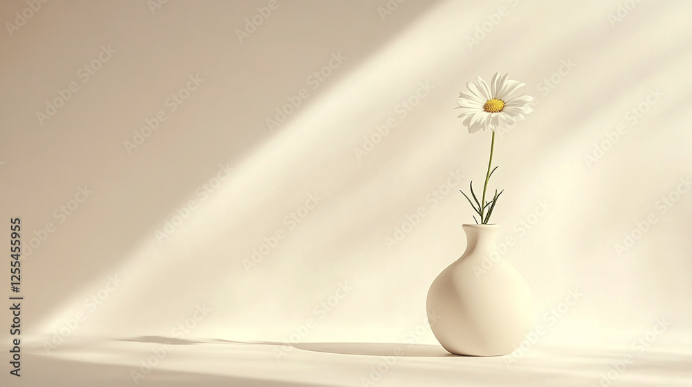 Poster a simple white vase with a single daisy flower, placed on a minimalistic background. the soft lighti
