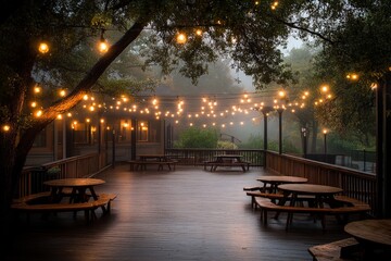 Obraz premium Outdoor gathering space illuminated by string lights during foggy evening in a serene location