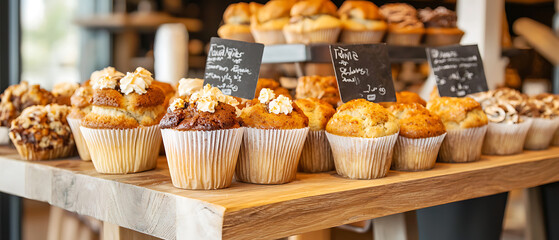 Freshly baked muffins on wooden shelf, showcasing various flavors and toppings, inviting customers to indulge in delicious treats