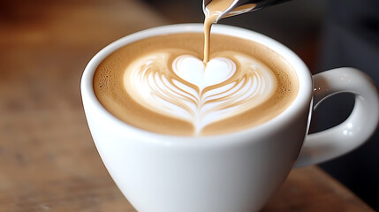 barista skillfully pours milk into cup, creating heart shaped latte art design. warm tones of coffee blend beautifully with creamy texture