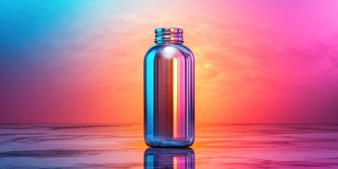 Reflective Metal Bottle on Vibrant Sunset Background