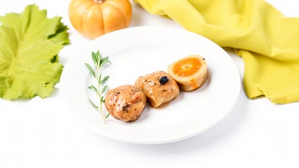Delicious Pumpkin and Meat Dumplings on a White Plate with a Yellow Napkin and Autumn Leaves