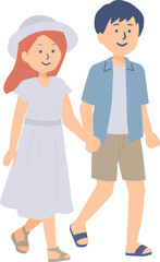 手をつないで歩く夏服のカップルのイラスト