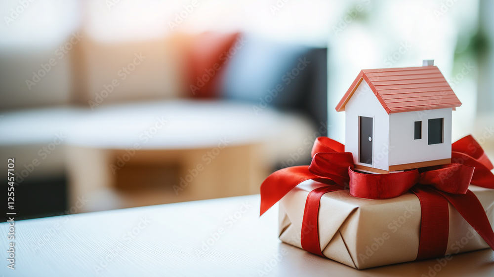 Wall mural small house model wrapped in red ribbon sits on gift box, symbolizing home and celebration. cozy background adds warmth to scene, evoking feelings of joy and surprise