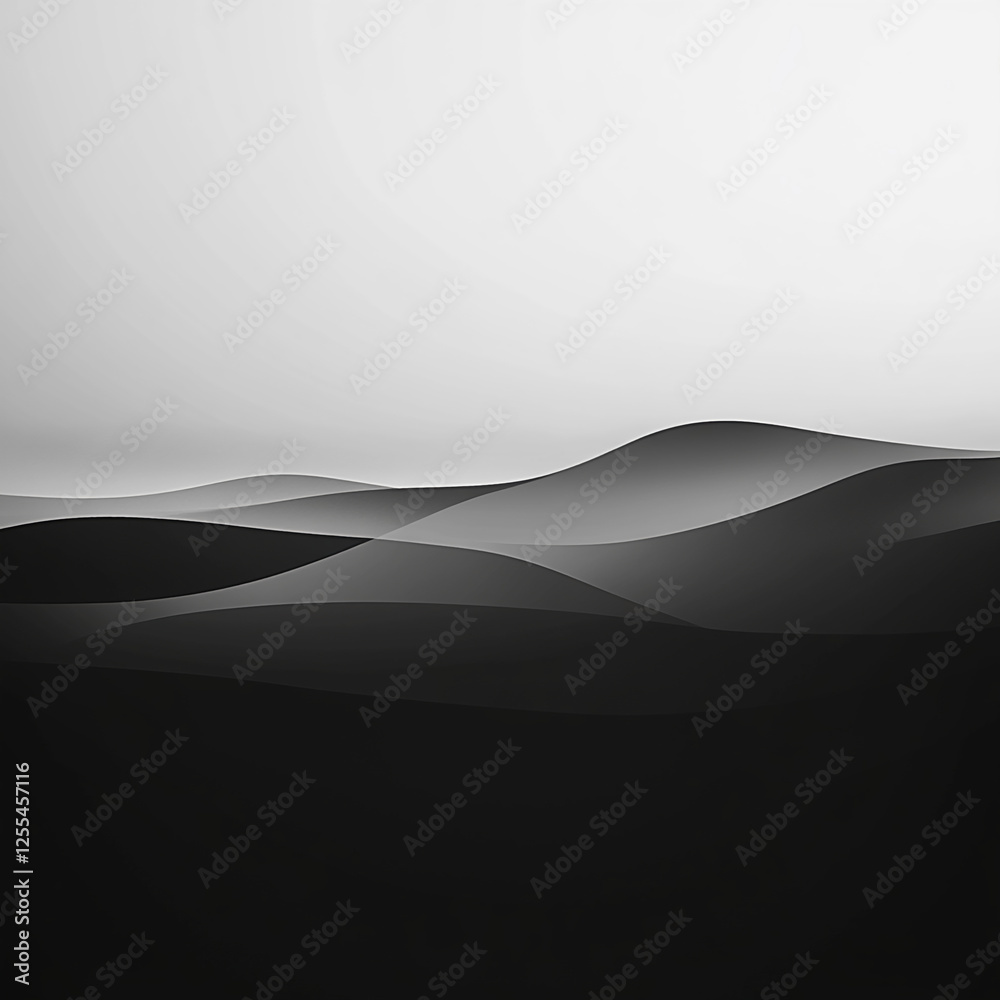 Aufkleber A black and white image of smooth rolling dunes, creating a minimalistic desert landscape with abstract curves and gentle slopes, symbolizing calmness and serenity.