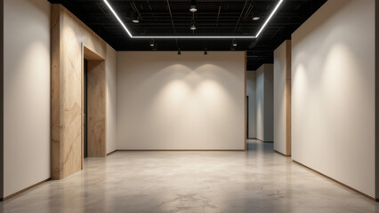 Empty modern office with high ceilings and recessed lighting featuring acoustic ceiling tiles and walls.