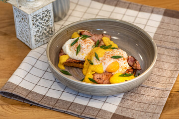 Delicious breakfast with eggs, bacon, cheese and more