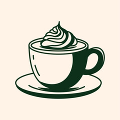 A steaming cup of coffee topped with whipped cream sits on a saucer, hand drawn style