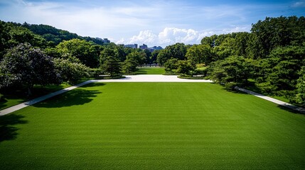 Fototapeta premium Expansive Green Lawn in a City Park
