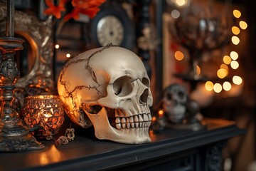 Decorative skull on a vintage shelf with warm lighting and atmospheric decor creating a spooky ambiance