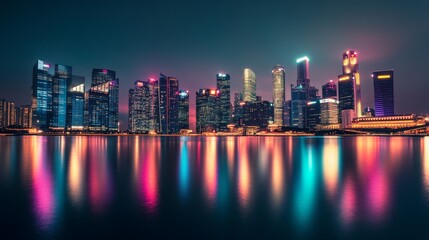 Obraz premium Breathtaking futuristic cityscape with neon lights and digital code blending tech and architecture