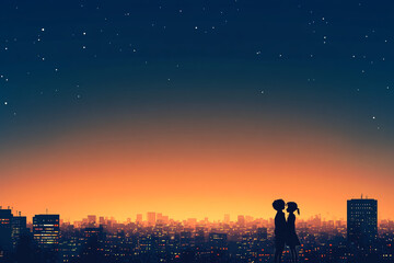 Fototapeta premium A couple sharing a romantic kiss in silhouette against a beautiful cityscape and starry sky at dusk, representing love, romance, and the beauty of urban life.