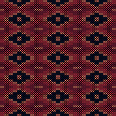 A seamless knitted pattern featuring red hearts