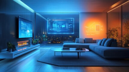 Modern smart home living room at night with interactive displays