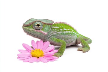 Fototapeta premium Colorful chameleon-like reptile resting beside a vibrant pink flower on white background