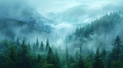 A foggy pine forest with morning dew, cool blue and green tones, high detail
