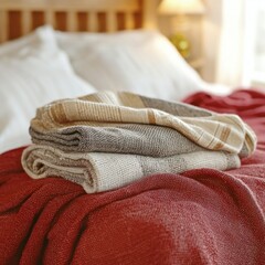 Folded Knitted Throws on a Burgundy Bedspread