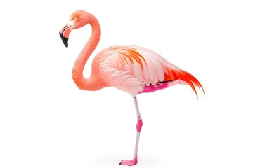 Naklejka premium A vibrant pink flamingo standing gracefully on one leg against a white background