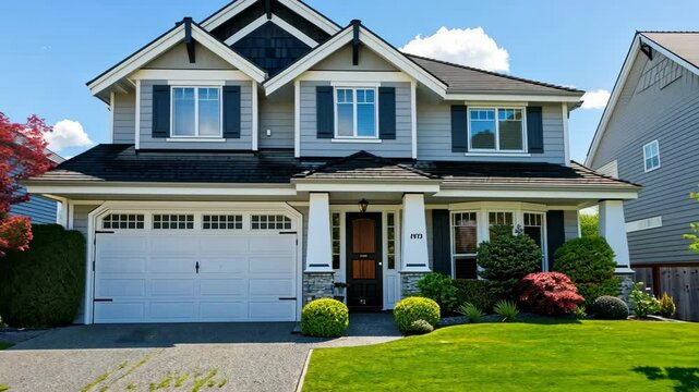 Dream Home Exterior: A stunning two-story house with gray siding, black shutters, and a well-manicured lawn.  The home features a large double garage and beautiful landscaping.
