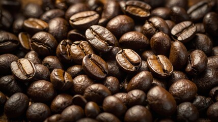Fototapeta premium Close-up view of a pile of roasted coffee beans on a wooden surface