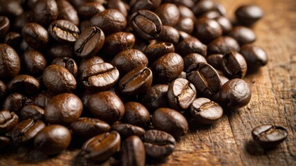 Naklejka premium Coffee beans spread on a rustic wooden table surface natural background
