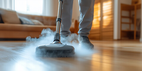 Cleaning expert uses steam cleaner on hardwood floor in modern interior, showcasing effective cleaning methods
