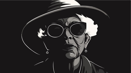 Black and white illustration of an elderly woman. Pensioner woman. Grandmother.