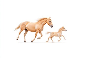 Obraz premium A golden horse and its foal running together on a bright white background
