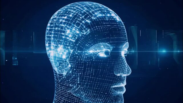 Digital Illustration of Human Face in Circuit Patterns with Binary Code Flow on Dark Blue Background, Futuristic AI Concept