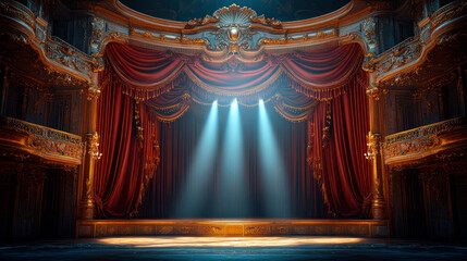 Fototapeta premium Classic theatre interior with heavy velvet red curtains