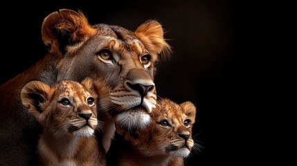 Obraz premium A stunning portrayal of a lioness and her two adorable lion cubs, emphasizing a strong maternal bond and the beauty of wildlife in a dramatic, close-up composition.