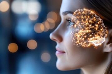 This eye-catching image presents a woman's profile highlighted by an illuminated brain illustration, emphasizing knowledge and creativity with vibrant colors and dreamy ambiance.