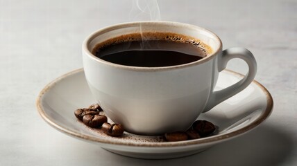 Fototapeta premium Cup of coffee with scattered coffee beans on a white table surface