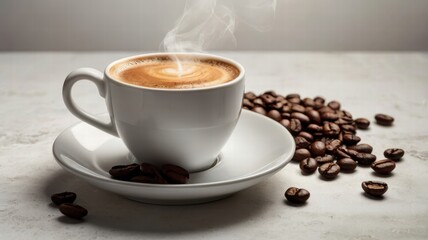 Obraz premium Cup of coffee with steam rising in a cozy setting on a wooden table