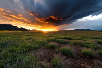 This breathtaking image captures a vivid sunset over a tranquil lavender landscape, with striking colors and soft clouds creating a beautiful and serene atmosphere.