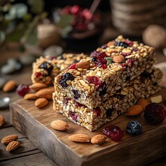 Fototapeta premium Delicious homemade granola bars with dried cranberries and almonds on rustic wooden board