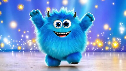Cute fluffy happy funny blue monster with horns dancing and smiling. Cute fictional fluffy happy baby monster dancing at disco with lights, kids party, birthday. Funny video.