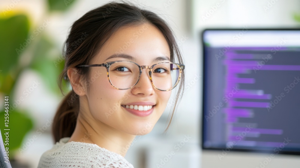 Poster young asian woman software developer smiling while working on source code using computer, creating i