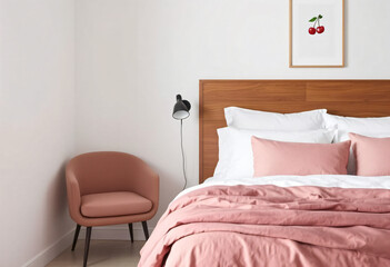 Scandinavian-style bedroom interior. Modern interior in pink cherry tones. Bedroom design for women