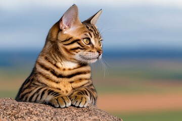 A Bengal cat with distinctive stripes relaxes on a rock, gazing into the distance with a beautiful landscape in the background.
