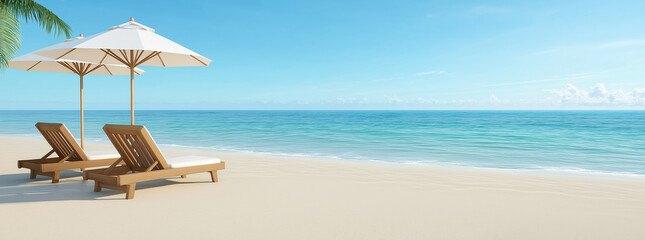 Fototapeta premium serene beach scene featuring two wooden sun loungers under white umbrellas, with clear blue sky and calm ocean waves. Perfect for relaxation and tranquility