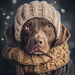 Cozy brown dog wearing knitted hat and scarf in winter setting with falling snowflakes