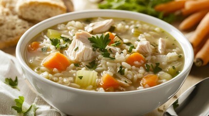 Chicken and rice soup with vegetables, parsley, and white bowl. Emphasizing comforting and nourishing nature, ideal for soup recipes and wholesome meals with a warm presentation.