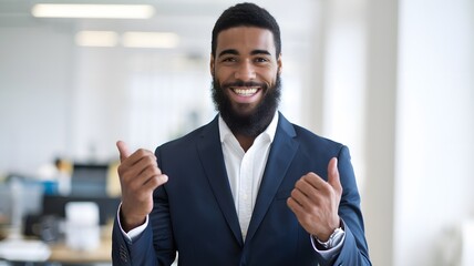 Successful African American Businessman Smiling Confidently in Modern Office Setting Positive Achievement Professional Portrait Happy Entrepreneur Corporate Success Business Attire Dark Suit White    