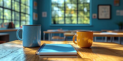 Peaceful Classroom Setting: Two Mugs and a Notebook on a Wooden Desk, bathed in Sunlight Streaming Through a Window.
