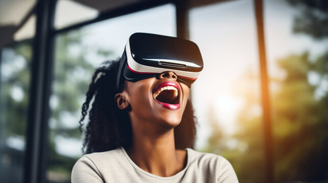 Joyful woman experiences virtual reality indoors during a sunny afternoon