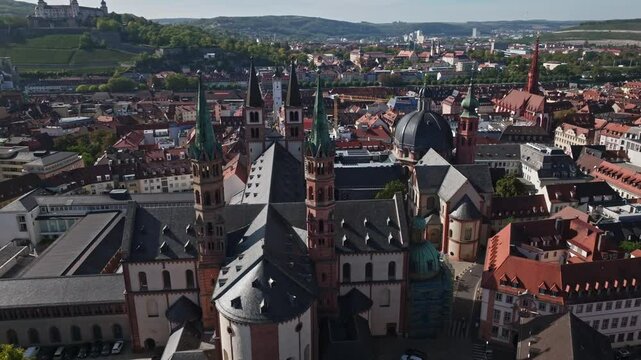 Aerial drone view of W&uuml;rzburg Cathedral (W&uuml;rzburger Dom) in W&uuml;rzburg, Germany, showcasing the magnificent Romanesque style church in the heart of the Old Town.