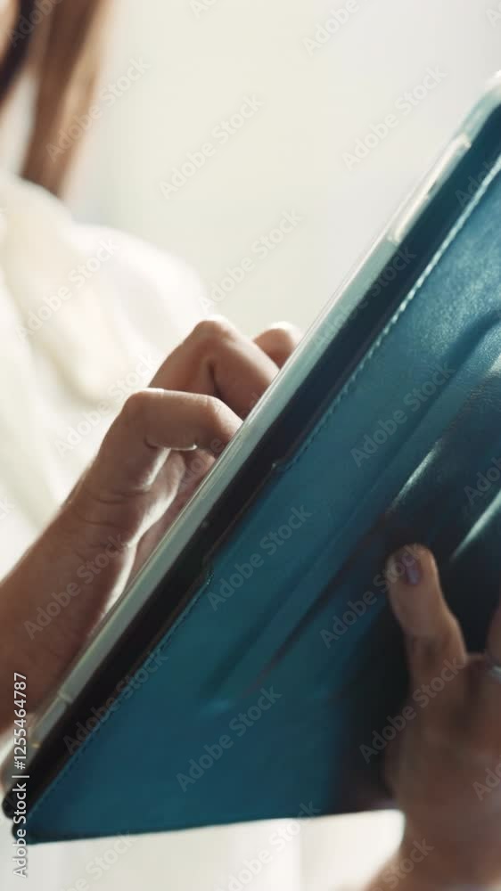 Poster tablet, network and hands of business woman in office for email response, connection and client feed