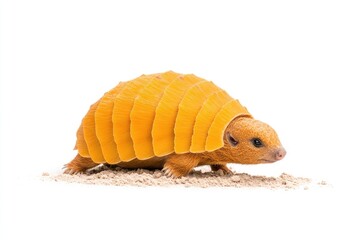 Naklejka premium Unique orange creature resembling a tortoise walking on sandy surface, isolated
