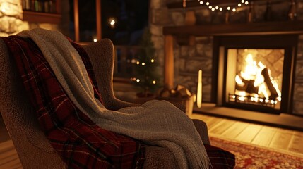 Cozy armchair with a blanket near fireplace, Christmas ambience scene
